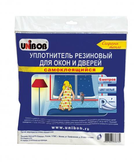 Уплотнитель UNIBOB резиновый для окон и дверей 6 м, Белый самоклеящийся